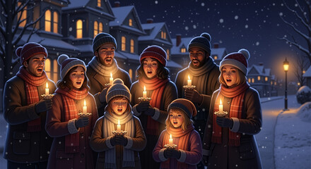 Small group of carolers with flickering candles at night in winter  