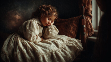 Little girl dreaming of fairies in a cozy bedroom during a starlit night
