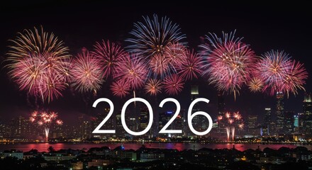 Vibrant Fireworks Display over City Skyline Celebrating 2026 New Year