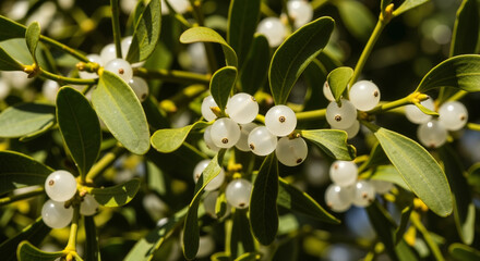 Close-up of white mistletoe berries and green leaves  