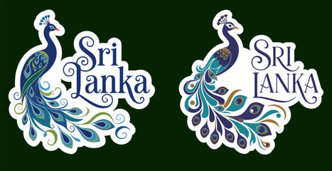 
Sri Lanka Elegant Typography with Decorative Peacock Bird Illustration Ornamental Flourish Logo Set Vector Design