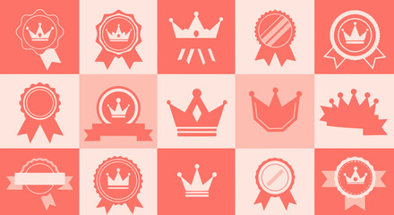 Collection of Royalty and Award Icons Featuring Crowns and Ribbons in Coral and Pink Tones Representing Excellence and Recognition