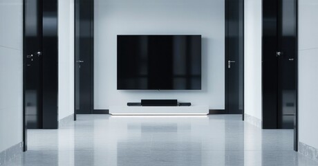 Fototapeta premium Minimalist glossy black television off diagnostic lab hallway with neutral design