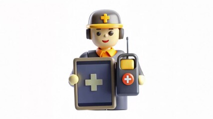 Playful 3D medic character holding a tablet with a medical cross and a device, representing first aid, healthcare icons, digital health tools, and medical assistance visuals