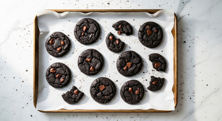 Baking sheet with burnt chocolate cookies on white parchment paper