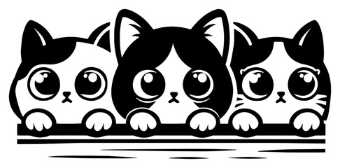 Cute cartoon cats peeking over edge – kawaii kitten faces with big eyes black and white vector illustration