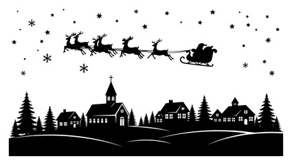Santa sleigh and reindeer flying above winter village – festive Christmas night silhouette landscape illustration