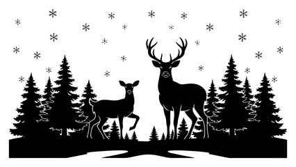 Winter deer silhouettes in snowy forest landscape – majestic stag and doe in pine woodland scenery vector art