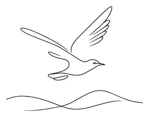 One line flying bird over hills – minimalist freedom and nature continuous line illustration © Luka