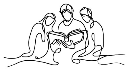 Group study session continuous line drawing – three students reading open book minimalist art