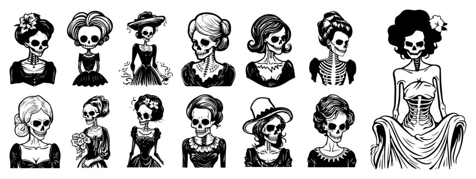 Victorian lady skeleton portraits bundle &ndash; gothic female skull retro illustration set for Halloween