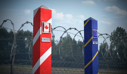 Border posts with flags of Canada and European Union - 3d illustration
