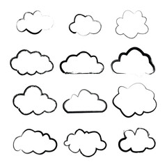 Set Of Hand Drawn Cloud Shapes With Brush Stroke Effect On White Background clouds