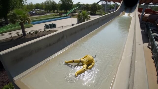A crash test dummy lies at the bottom of a water slide after a safety test.