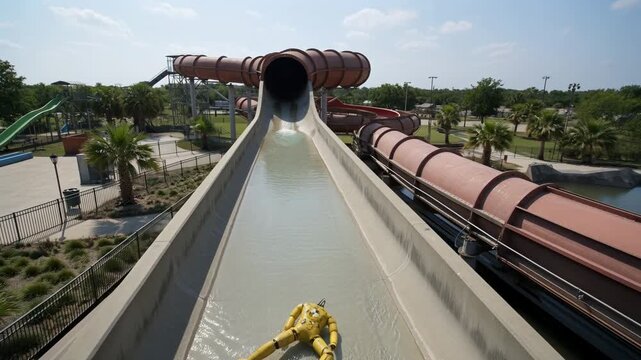 A lone crash test dummy lies abandoned on a water slide in an empty park.