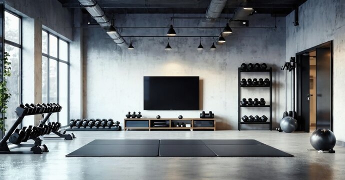 Minimalist glossy tv off gym interior with industrial ceiling lamps - Powered by Adobe