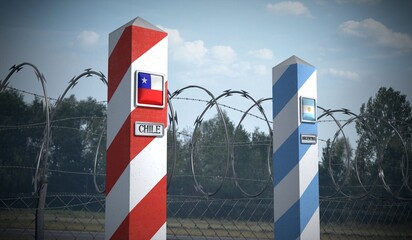 Border posts with flags of Chile and Argentina - 3d illustration