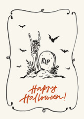 Vector Halloween card with Rock on symbol. Hand painted holiday template isolated on white background. Illustration for design, print or background. Halloween poster.