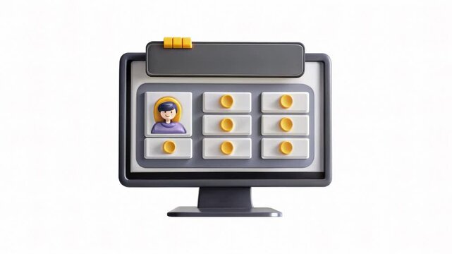 Three-dimensional computer monitor displaying a user management interface with avatar thumbnail, grid cards, and administrative dashboard elements for digital profile organization