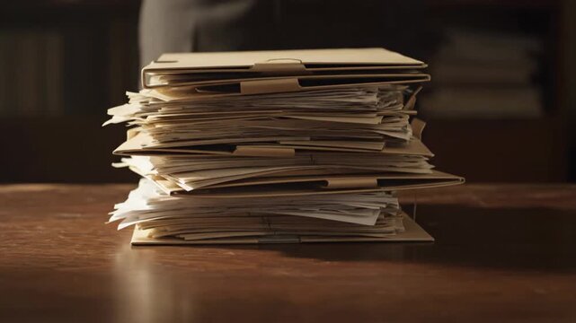 A person adds more folders to a growing stack of paperwork on a desk.