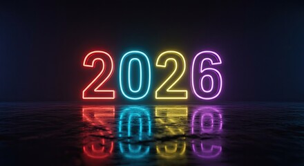 Vibrant Neon 2026: Futuristic Year, Reflective Surface, Dark Background.