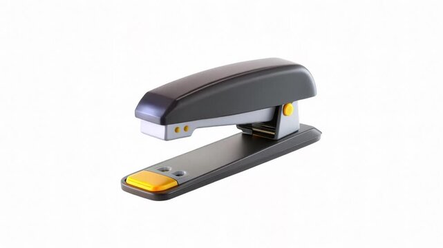 Professional 3D icon of a modern stapler used for paper binding, showcasing a sleek gray body with orange accents and ergonomic design in clean studio lighting for digital catalog