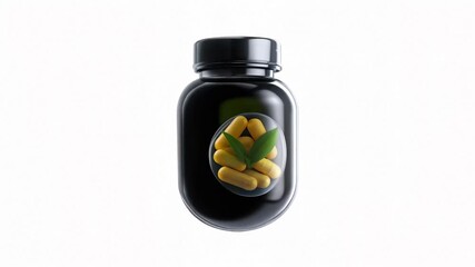 Minimalist black supplement bottle with yellow capsules and a green leaf design, isolated on a white studio background for health, nutrition, and wellness product photography - Powered by Adobe