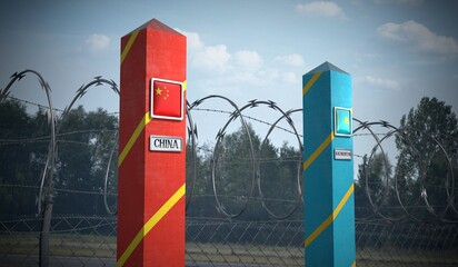 Border posts with flags of China and Kazakhstan - 3d illustration