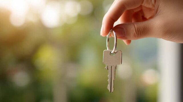 A close-up view of a hand gently holding a new house key as it dangles and swings in the light, symbolizing homeownership, new beginnings, and success with a soft bokeh background highlighting the key