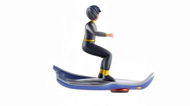 A stylized 3D cartoon hero wearing a black suit and yellow belt rides a futuristic hoverboard with a dynamic pose, vibrant shading, and a playful expression.