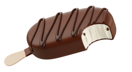 Chocolate covered ice cream bar with a bite taken out isolated on transparent background