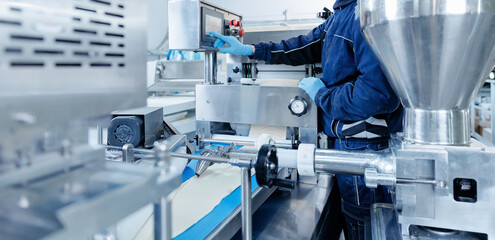 Food industry worker sets up Automated dough formation process in confectionery production line