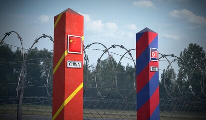 Border posts with flags of China and North Korea - 3d illustration