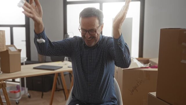 Mature hispanic man in new home living room joyfully playing with packing materials amid moving boxes and a desk chair.