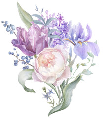 Obraz premium Delicate bouquet with peonies, irises, and tulip flowers, watercolor border, hand-painted wedding arrangement