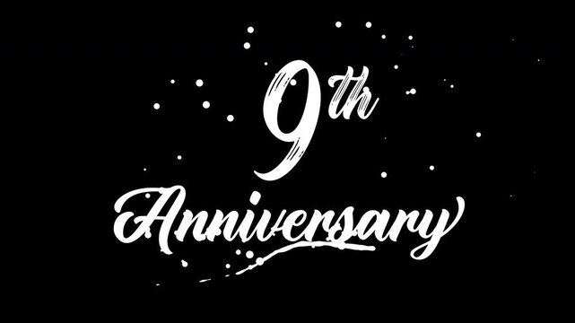 9th anniversary text animation white color. suitable for celebrating special occasions, invitations, anniversary cards and social media. Includes alpha channel for any background.