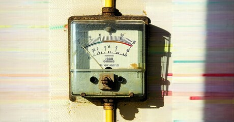 Old electricity meter mounted on wall. Needle points toward zero. Yellow pipe connects to device. Shadow falls across surface.