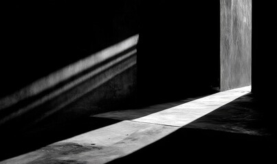 Dramatic monochrome shot of light streaming into a dark, concrete interior space