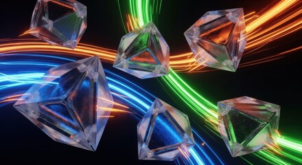 Crystalline Geometric Forms Intersecting Vibrant Neon Light Trails on Black Background