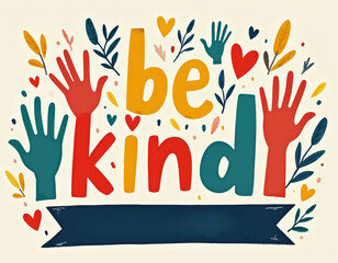Illustration promotes kindness and helping hands with colorful letters forming be kind and floral elements. It can be used for awareness campaigns, social media posts, or charity events.