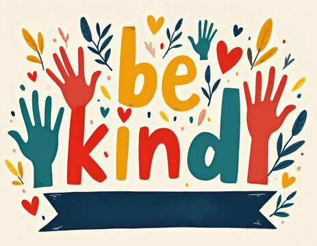 Illustration promotes kindness and helping hands with colorful letters forming be kind and floral elements. It can be used for awareness campaigns, social media posts, or charity events.