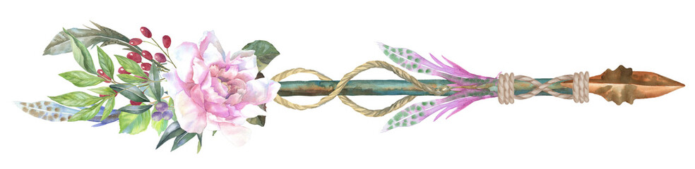 Watercolor boho arrow, hand-painted PNG. invitation border