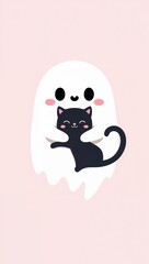 Obraz premium Cute ghost hugging a black cat on a pastel pink background, cartoon illustration with playful and friendly design