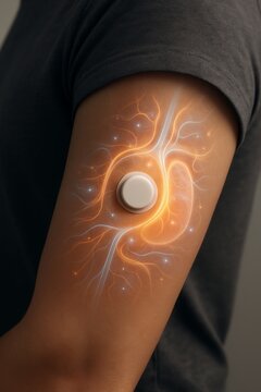 A futuristic wearable biosensor glucose patch on an arm with glowing data streams.