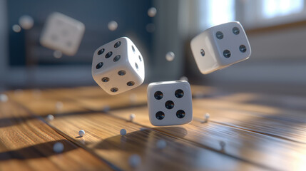 Three white dice are rolling on a wooden floor. The scene captures the motion of the dice in a casino setting, emphasizing chance and gaming.