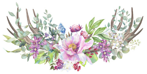 Beautiful floral border, watercolor rose and peony frame, green leaves, shiny bouquet, boho arrangement