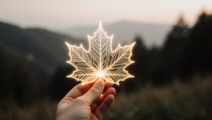 Hand holding a glowing maple leaf with nanotech biodegradable electronics circuit patterns.