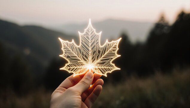 Hand holding a glowing maple leaf with nanotech biodegradable electronics circuit patterns.