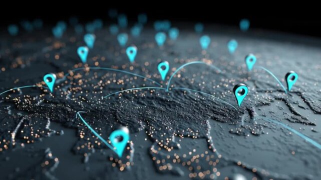 A cinematic close-up of a dynamic digital map with moving geo-tags marking locations, showcasing real-time tracking, navigation, geolocation data, and interactive mapping technology in motion