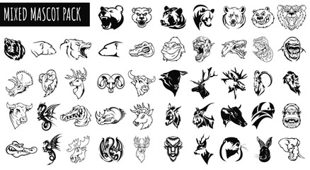 Mixed Mascot Pack: A diverse collection of animal mascots in monochromatic illustration, ideal for branding, logos, and design projects. Each mascot embodies strength, agility, and character.